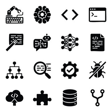 Software development and programming code icons collection with programming software development computer technology developer engineering debugging algorithm interface silhouette database