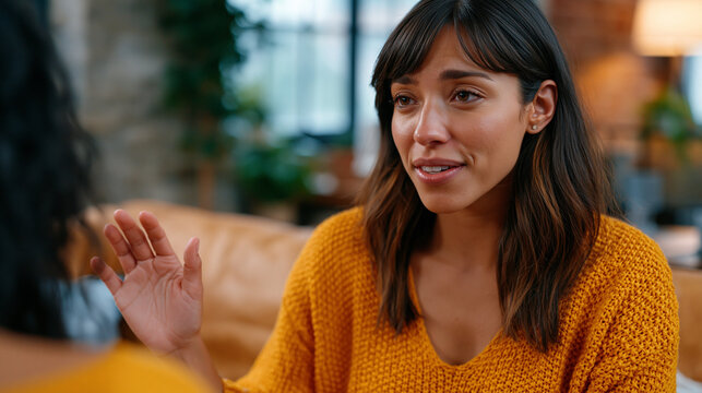 Therapist in a cozy office gently redirecting a tearful client who is over-sharing, one hand raised softly, expressing boundaries with compassion, depicting empath boundary-setting, professional emo