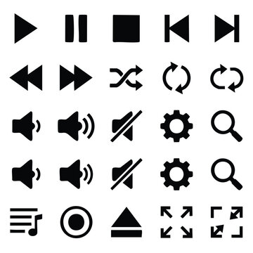 Media player and control interface icon set with controls playback navigation interface settings magnifying application software multimedia