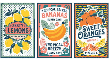 Retro fruit labels with lemons bananas oranges and tropical elements. © Amina