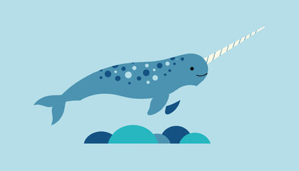 Narwhal swimming in the ocean on light blue background © Rubel