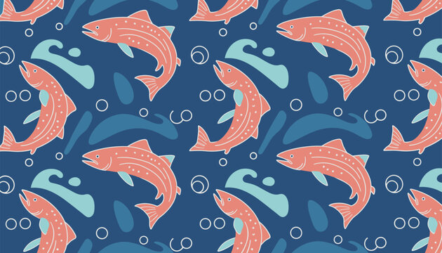 Seamless vector pattern of jumping salmon fish