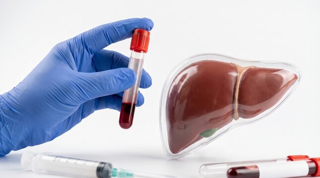 Medical professional holding blood sample tube for liver health testing and diagnostic analysis in laboratory setting