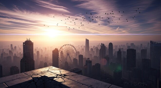 Panoramic metropolitan skyline at dawn with flying birds.