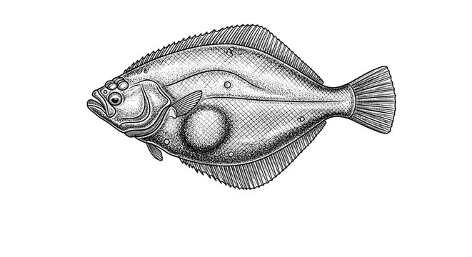 Detailed hand drawn engraving style illustration of flatfish flounder isolated on clean white background for culinary design.