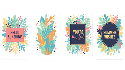 Set of four summer greeting cards with tropical leaves and text frames. © Amina