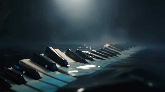 Surreal piano keys half-submerged in dark rippling water, cinematic moody lighting, melancholic musical atmosphere, abstract concept of drowning melody, artistic flooded instrument close-up shot