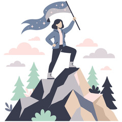 Fototapeta premium Female hiker on mountain peak holding starry flag representing success.