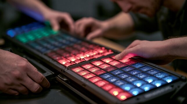 Workers fitting modular sections of a roofmounted emergency lightbar showcasing the customization process and integration of various colored LED modules in a medium studio setting.