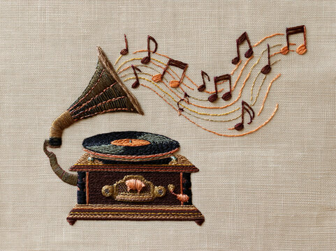 Hand-stitched gramophone playing music on linen. You can hear the music and rhythm in the room