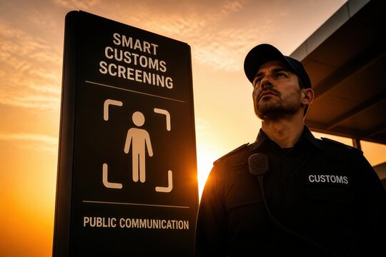 Customs officer at smart screening sign in dramatic sunset light