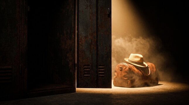Dramatic cinematic shot of a vintage leather duffle bag and fedora hat illuminated by a spotlight next to an open rusty locker in a dark dusty room