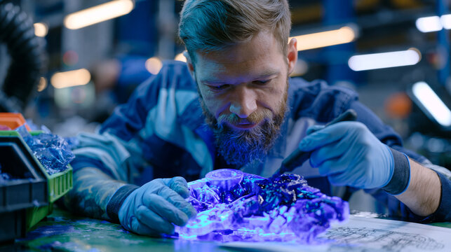 Aluminum castings inspector checking die-cast automotive component for porosity defects using dye penetrant kit under UV lamp in quality bay, inspection table, reject bin alongside, dimensional draw