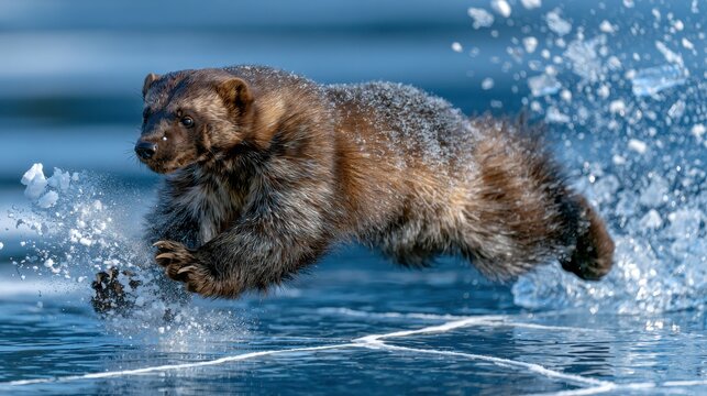 Wolverine Sprinting Across Ice With Flying Snow