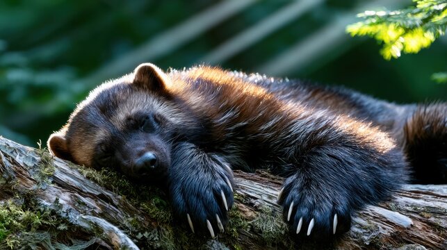 Wolverine Resting on a Moss-Covered Log in Forest