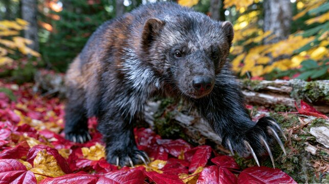 Wild Wolverine Moves Over a Mossy Log in Siberia