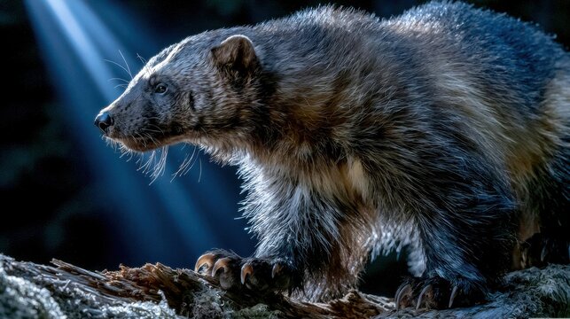 Wolverine Crosses Mossy Log at Night