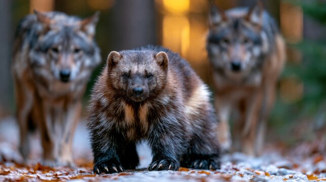 A Wolverine Blocks the Path in an Autumn Forest
