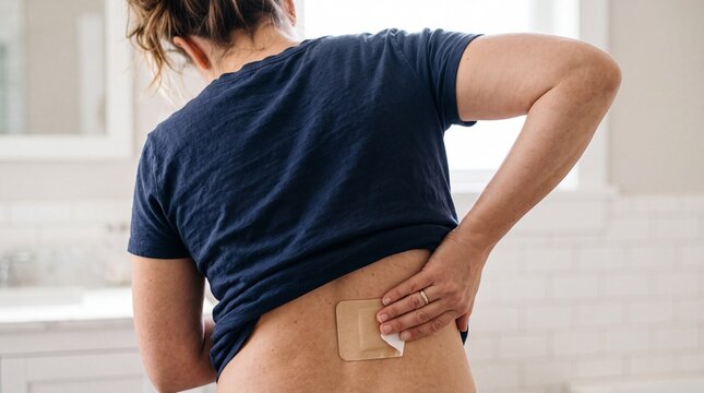 A person standing in a bathroom, carefully applying a medicated adhesive patch to their ad social media download product banner template event festive festival 2026 2027 2028