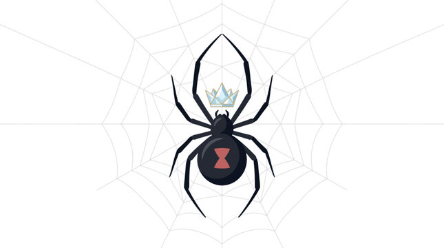 Regal black widow spider with red hourglass mark wearing a crown on a spiderweb flat design vector illustration.