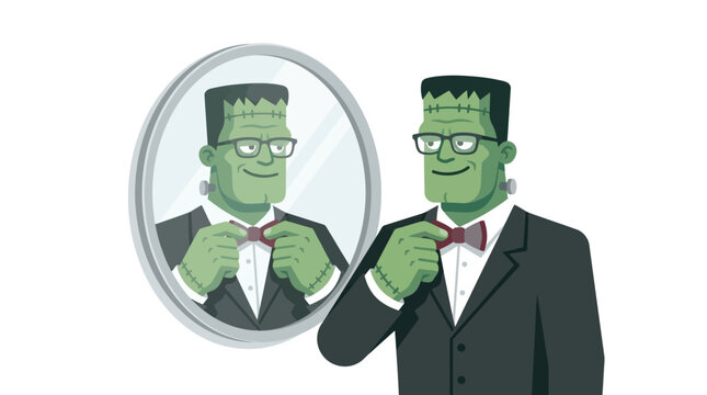 Stylish Frankenstein monster adjusting bow tie in front of a mirror for a formal event flat vector illustration