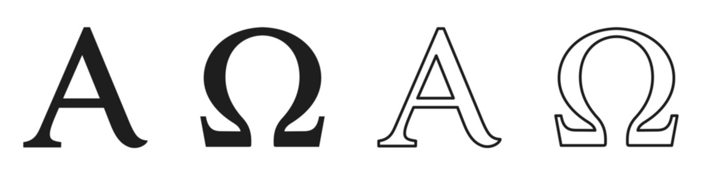Alpha and omega symbol sign clipart with Greek letter alphabet black outline capital character on transparent background