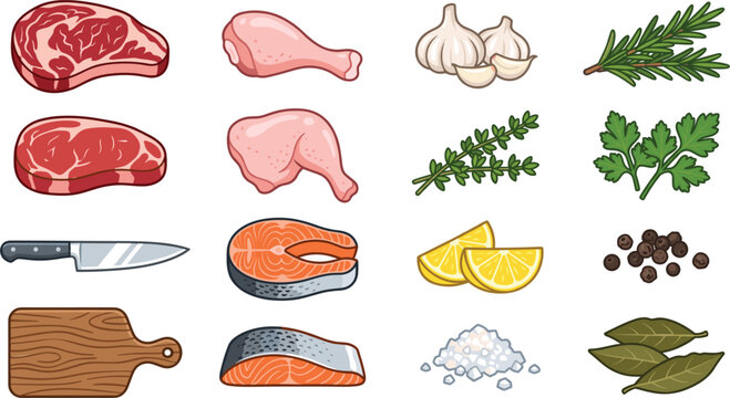 Collection of fresh raw meat cuts chicken pieces and salmon fillets with cooking ingredientsCollection of fresh raw meat cuts chicken pieces and salmon fillets with cooking ingredients