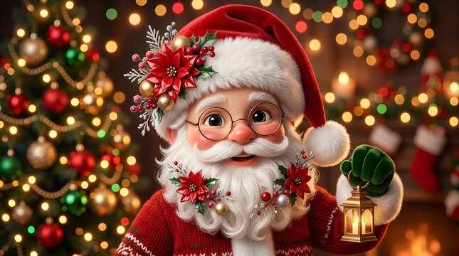 Cute santa claus with glasses and a lantern standing in front of a glowing christmas tree
