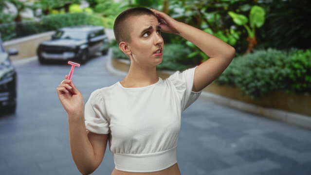 Woman with shaved short hair holding a pink disposable razor, hand to head touching scalp, wearing white crop top on a residential street with parked cars and lush greenery; uncertainty.