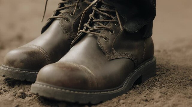 Brown leather boots positioned above a white flower on sandy ground, showing the gradual pressure applied as the boot descends towards the delicate bloom in a natural setting