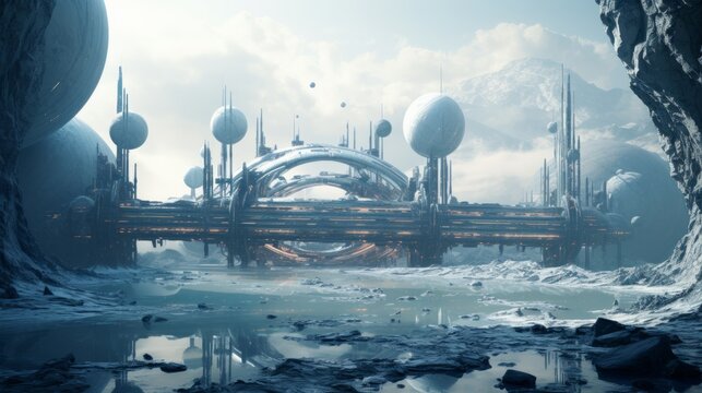 Futuristic cityscape featuring large metallic domes, winding roads, and subtle orange accents, creating a mesmerizing reflection in the surrounding water