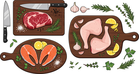 Fresh butchery ingredients vector illustration collection featuring raw beef chicken salmon and  dark wooden boards © Sagor
