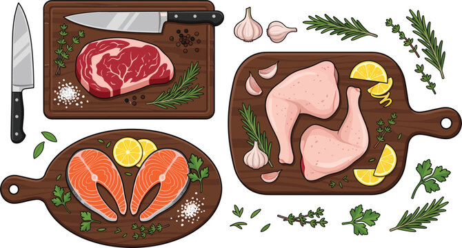 Fresh butchery ingredients vector illustration collection featuring raw beef chicken salmon and  dark wooden boards