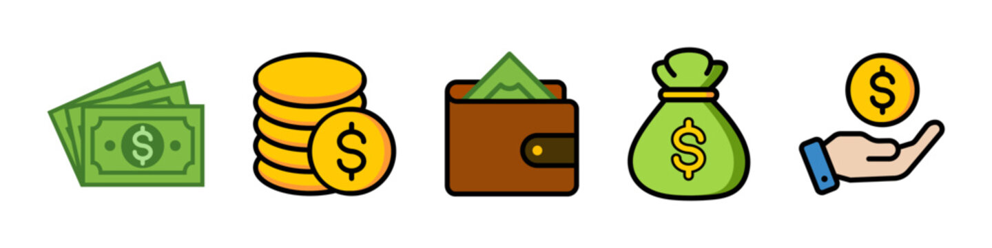 Money icon set, Finance and payment symbol collection containing cash, coin, wallet, money bag, money on hand, dollar bill. Transparent vector and PNG