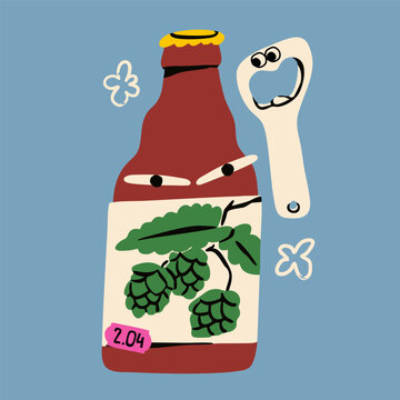 Beer bottle, bottle opener with eyes. Cute Beer characters. Pub, brewery, bar menu concept. Hand drawn trendy Vector illustration. Isolated design element. Logo, sticker template