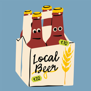 Pack of beer bottles with eyes. Cute Beer characters. Pub, brewery, bar menu concept. Hand drawn trendy Vector illustration. Isolated design element. Logo, sticker template
