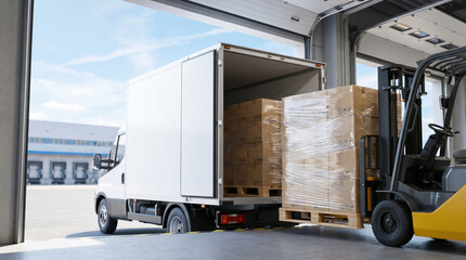 Naklejka premium A forklift moves boxes onto a truck at a loading dock. The setting is a warehouse with clear skies visible. The activity shows the process of unloading goods