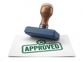 A classic wooden rubber stamp pressing the green approved ink text on a clean white paper document surface