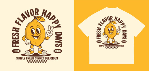 Retro lemon mascot cartoon with vintage typography badge. Perfect for t-shirt designs, stickers, streetwear, apparel, branding, packaging, and merchandise © luqart97
