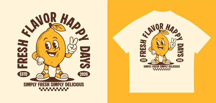 Retro lemon mascot cartoon with vintage typography badge. Perfect for t-shirt designs, stickers, streetwear, apparel, branding, packaging, and merchandise