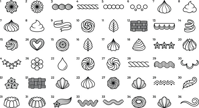 Numbered icing piping tips line art vector illustration collection featuring cake frosting patterns and borders