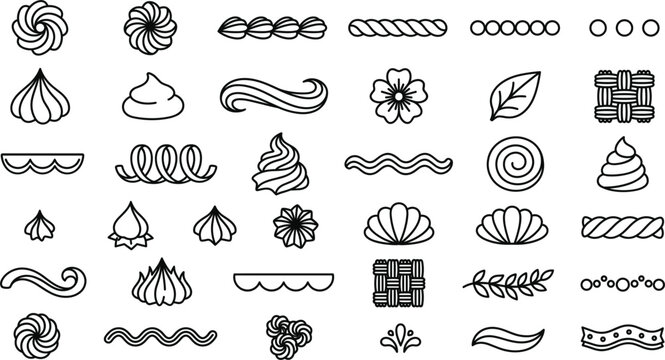 Cake decorating nozzles line art vector illustration collection featuring frosting patterns, swirls, borders, and piping elements