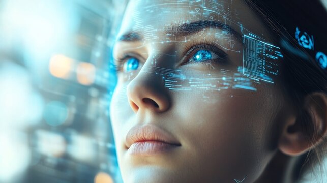 Young woman with digital facial overlay, showcasing futuristic technology and innovation, representing the intersection of humanity and artificial intelligence in a modern context