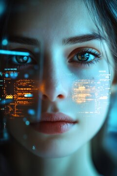 Young woman with digital facial overlay, showcasing futuristic technology and innovation, representing the intersection of humanity and artificial intelligence in a modern context