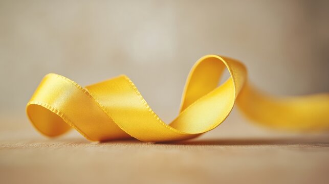 Elegant yellow ribbon curving on a sparkling beige background, perfect for holiday or celebration themes