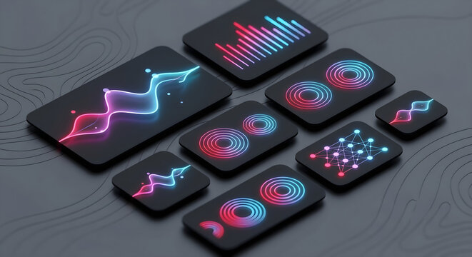 Isometric floating dark matte cards displaying glowing neon data visualizations, sound waveforms, and network nodes against a contoured background.