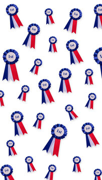 Isolated winner trophy rosette pattern featuring blue, white, and red tricolor condecorations with 1st prize inscription, transparent vertical layout, success concept graphic PNG asset