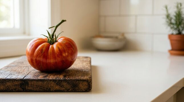 Fresh heirloom tomato sitting on a rustic wooden cutting board in a bright modern kitchen with white subway tile walls