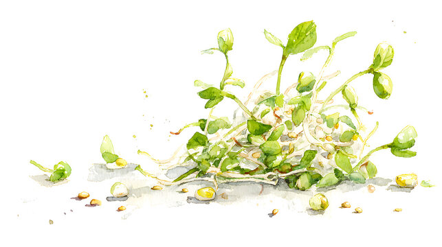 Healthy Bean Sprouts Watercolor Illustration Isolated on White Background, AI Generated