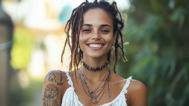 Young bohemian woman with dreadlocks and tattoos smiling in a park